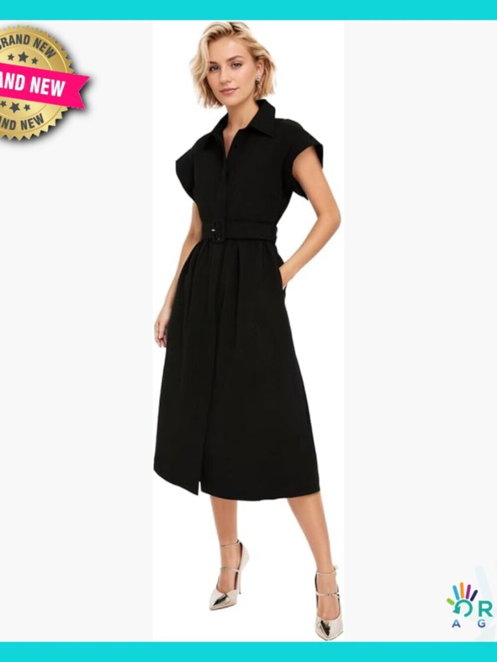 Button Down Shirt Dress Midi Casual Elegant Business Wear with Belt Wing Sleeves